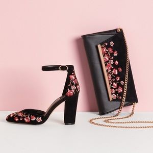 White House Black Market Piper Embroidered Chunky Heels